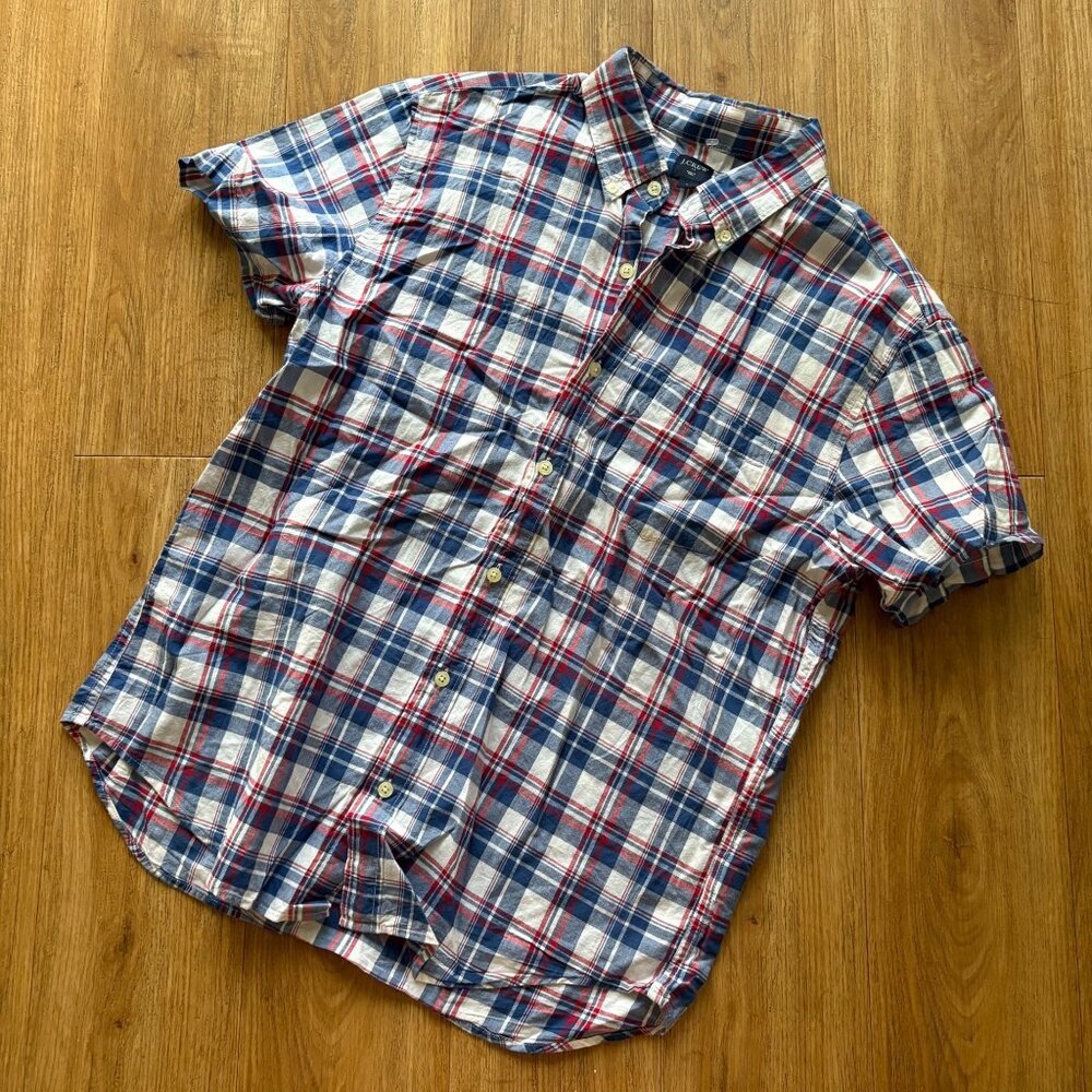 J Crew Factory Front Button Short Sleeve Shirt Plaid Multi Women’s Size L